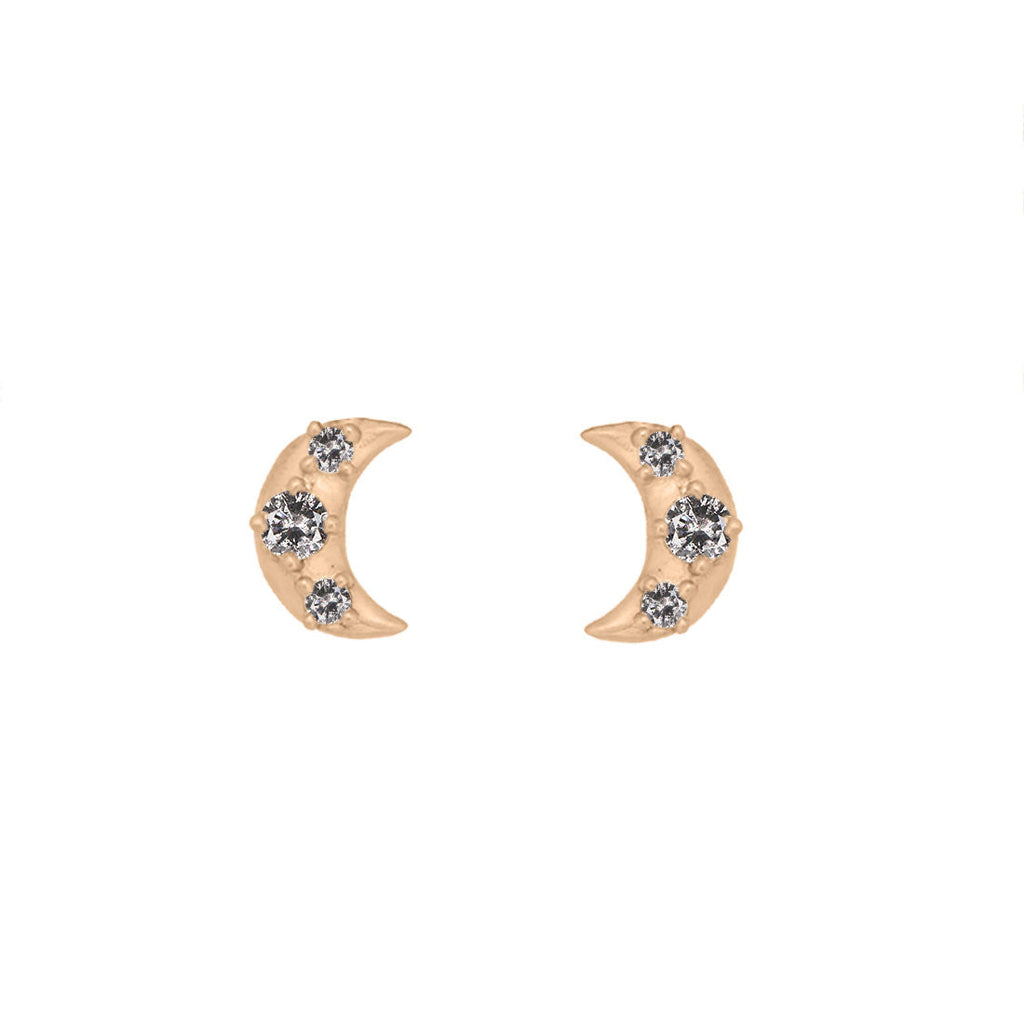 Crescent Moon Stud Earrings in Gold & Diamond Salt & Pepper Diamond Single By Valley Rose Ethical Jewelry