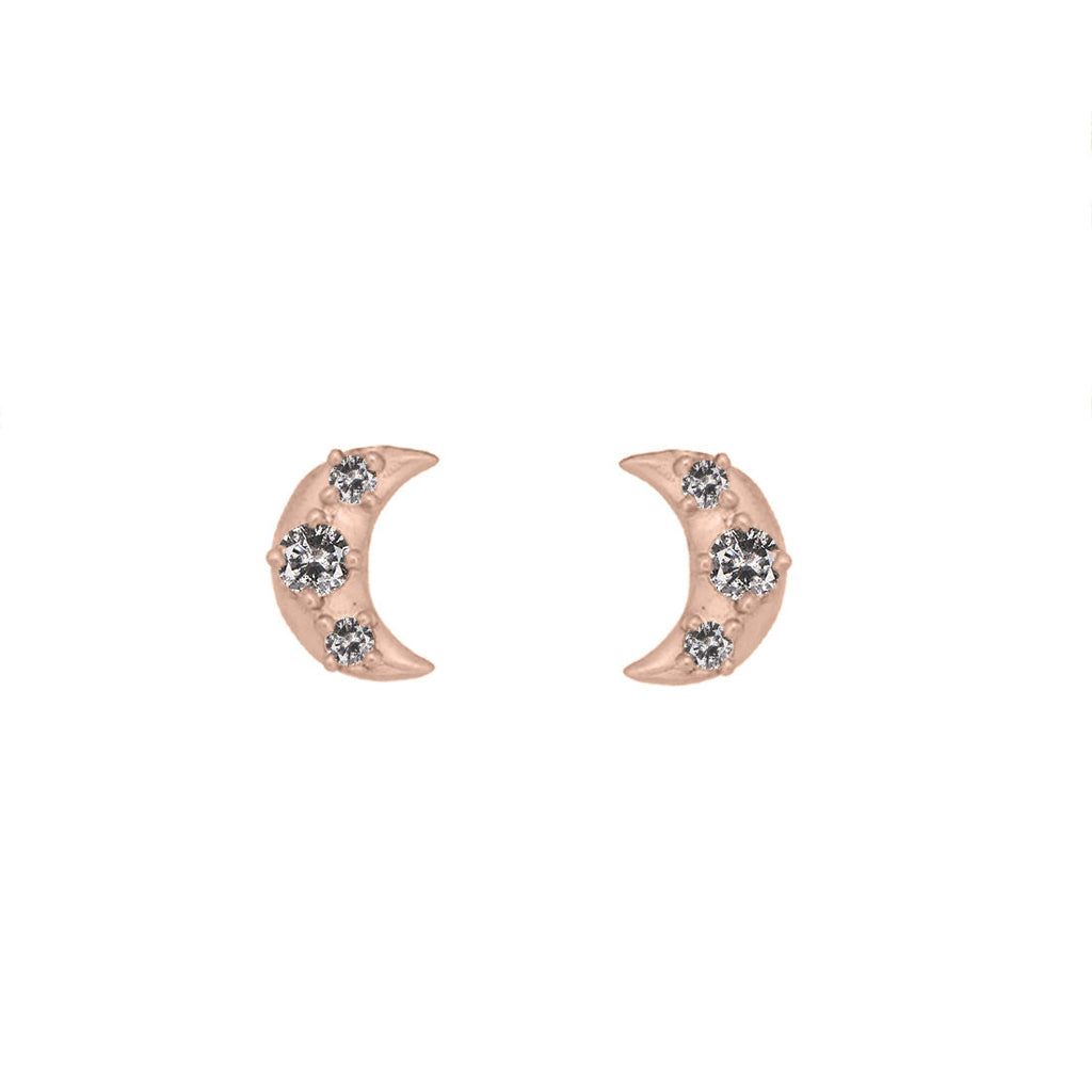 Crescent Moon Stud Earrings in Gold & Salt & Pepper Diamond Salt & Pepper Diamond Single By Valley Rose Ethical Jewelry