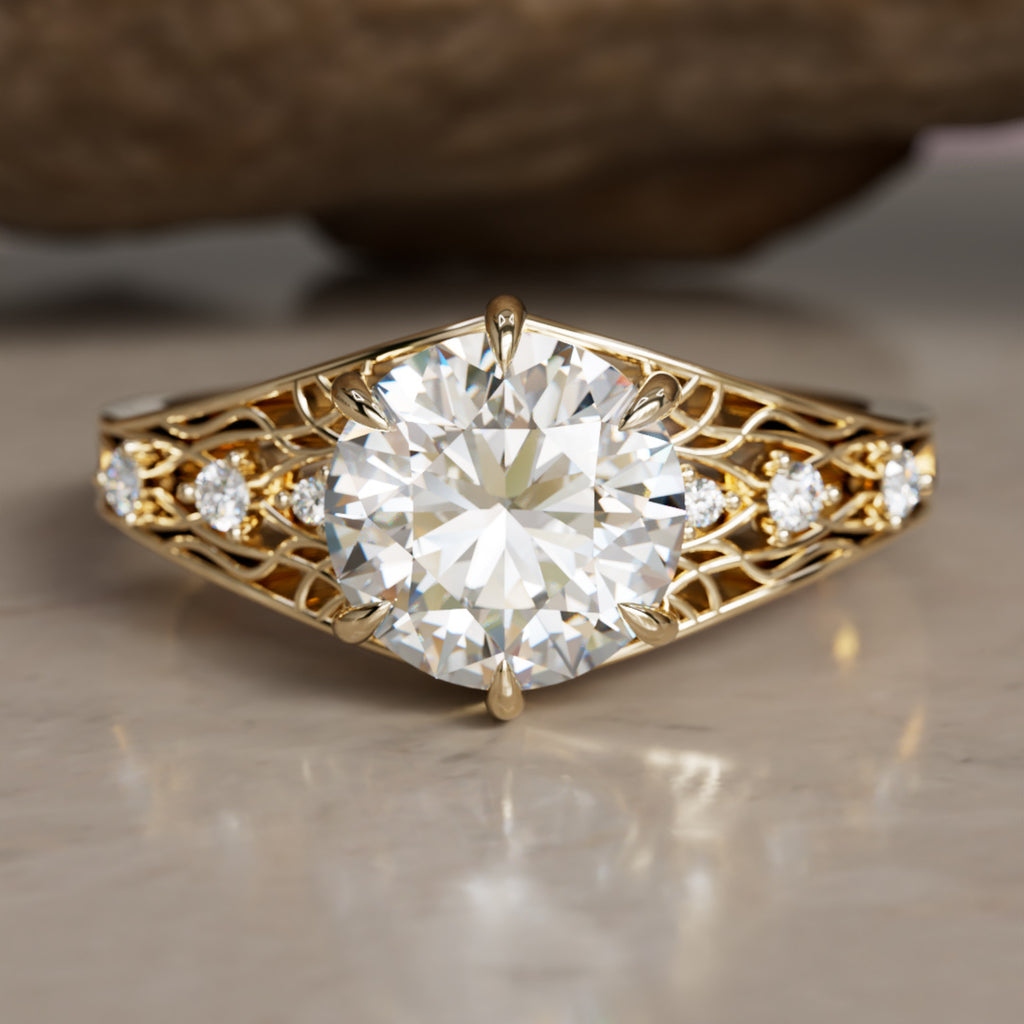 Anillo de compromiso único de arte Nouveau con diamante de laboratorio redondo de fantasía Ilyrana (solo engaste)