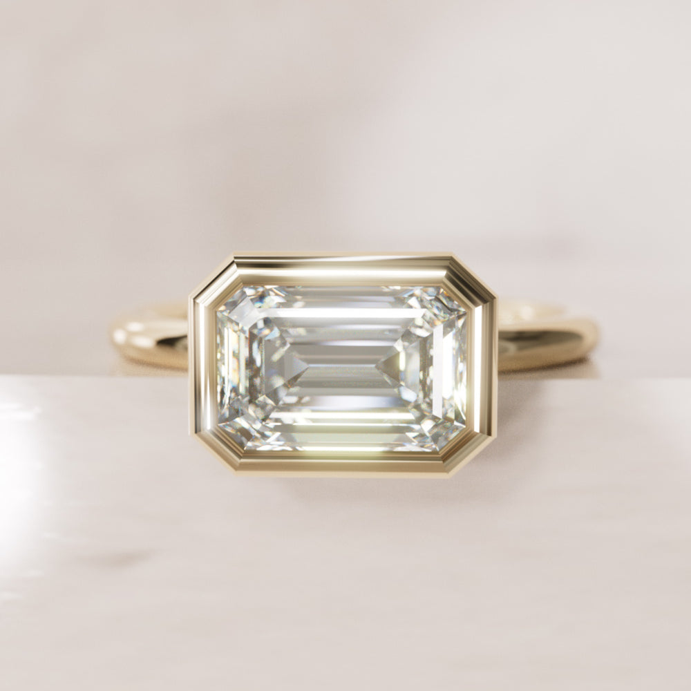 Unique Horizontal Emerald Cut Lab Created Diamond Engagement Ring with Bezel Setting By Valley Rose