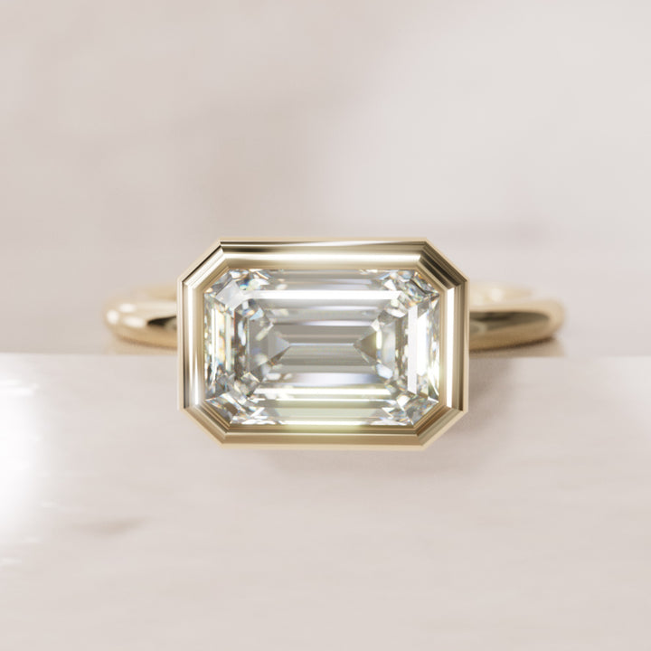 Unique Horizontal Emerald Cut Lab Created Diamond Engagement Ring with Bezel Setting By Valley Rose