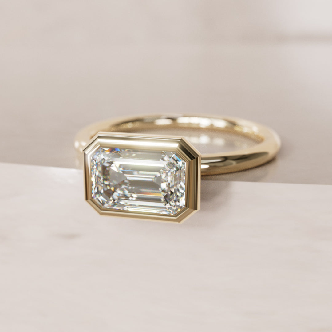 Unique Horizontal Emerald Cut Lab Created Diamond Engagement Ring with Bezel Setting By Valley Rose