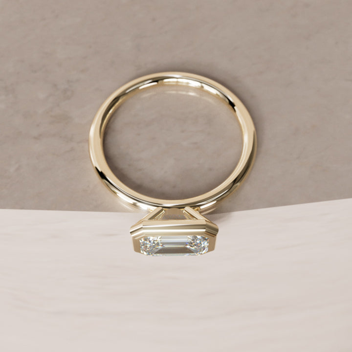 Unique Horizontal Emerald Cut Lab Created Diamond Engagement Ring with Bezel Setting By Valley Rose