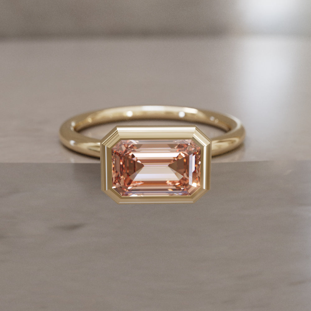 Indie East West Emerald Cut Peach Diamond Modern Unique Bezel Engagement Ring By Valley Rose