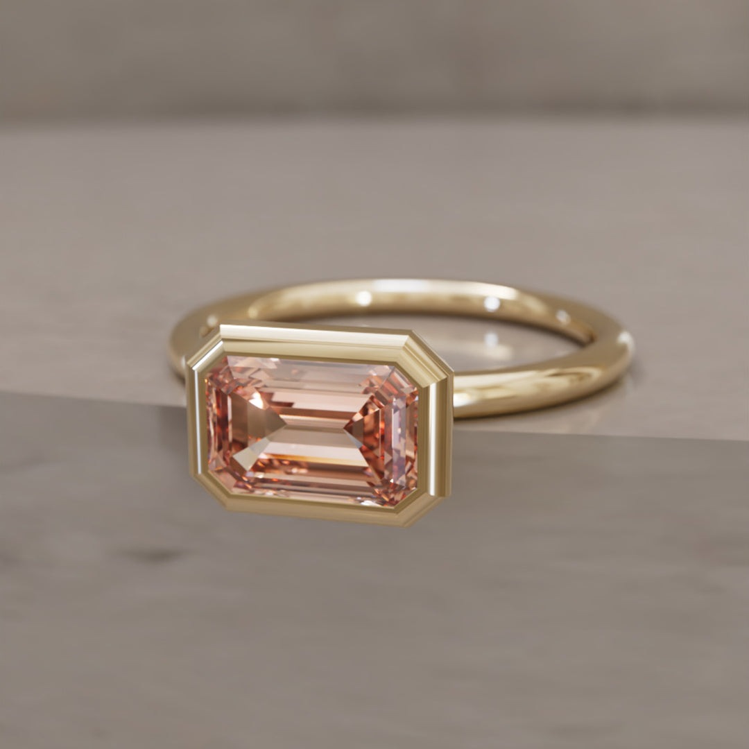 Indie East West Emerald Cut Peach Diamond Modern Unique Bezel Engagement Ring By Valley Rose