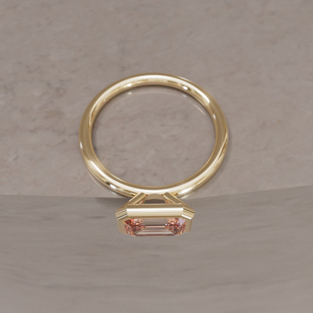 Indie East West Emerald Cut Peach Diamond Modern Unique Bezel Engagement Ring By Valley Rose