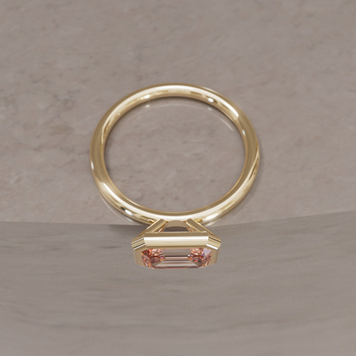 Indie East West Emerald Cut Peach Diamond Modern Unique Bezel Engagement Ring By Valley Rose