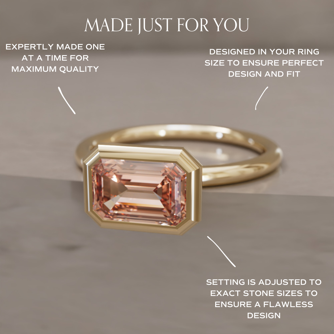 Indie East West Emerald Cut Peach Diamond Modern Unique Bezel Engagement Ring By Valley Rose
