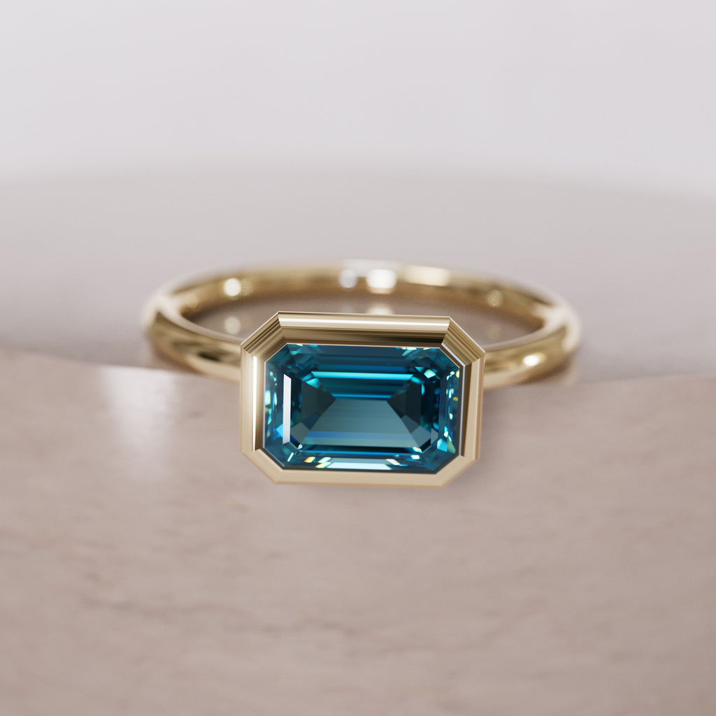 Indie Emerald Cut Blue Sapphire Modern Unique Bezel Engagement Ring By Valley Rose