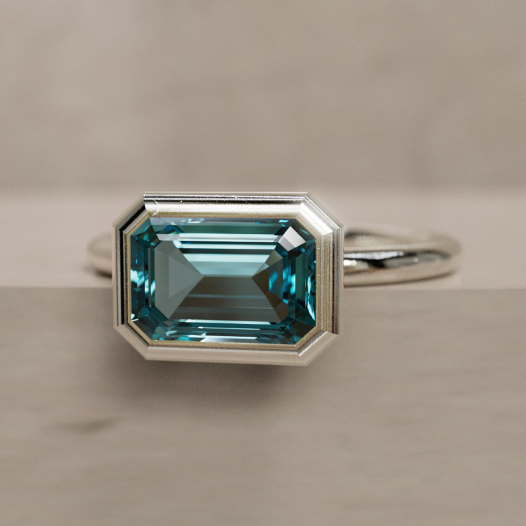 Indie East West Emerald Cut Teal Sapphire Modern Unique Bezel Engagement Ring (Setting Only) By Valley Rose