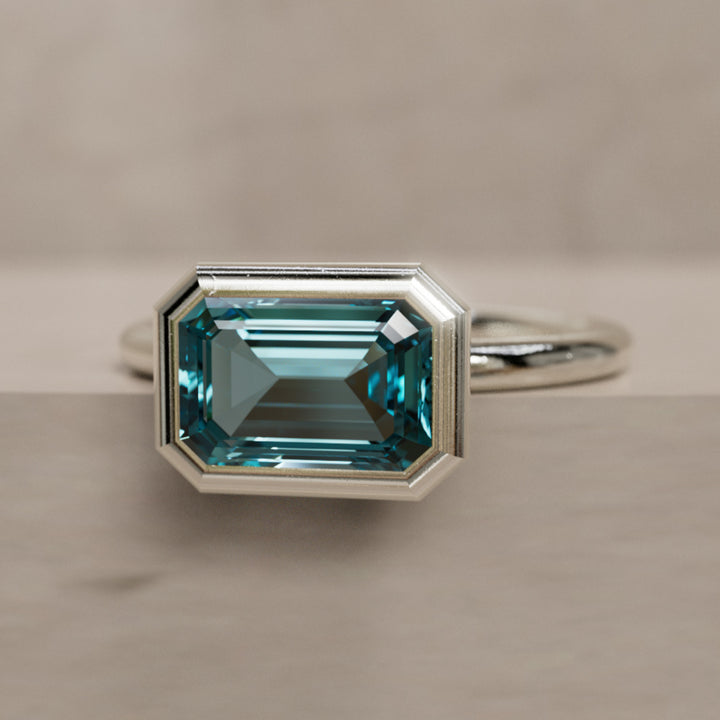 Indie East West Emerald Cut Teal Sapphire Modern Unique Bezel Engagement Ring (Setting Only) By Valley Rose
