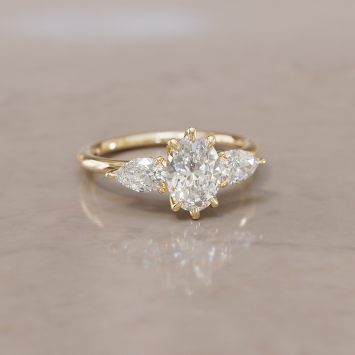 Three Stone Oval Lab Diamond Ethical Engagement Ring with Side Pear Diamonds By Valley Rose