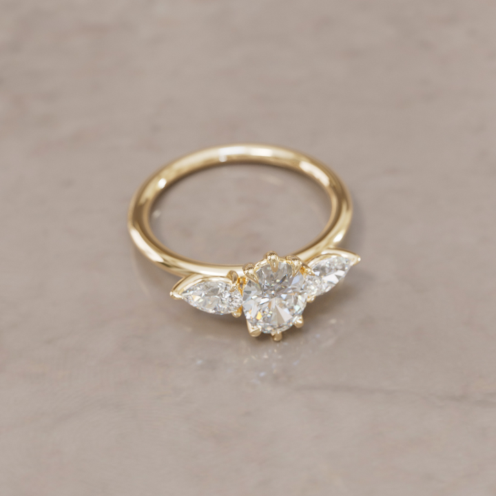 Three Stone Oval Lab Diamond Ethical Engagement Ring with Side Pear Diamonds By Valley Rose