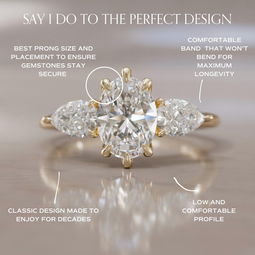 Three Stone Oval Lab Diamond Ethical Engagement Ring with Side Pear Diamonds By Valley Rose