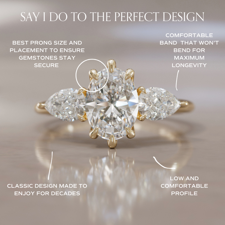 Three Stone Oval Lab Diamond Ethical Engagement Ring with Side Pear Diamonds By Valley Rose