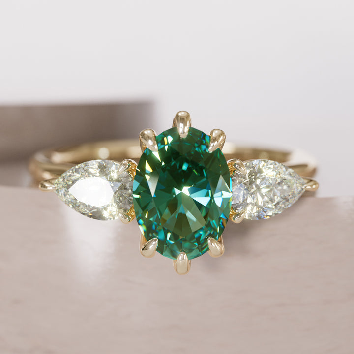 Unique Green Sapphire Engagement Ring with Three Stone Oval and Pear Diamonds By Valley Rose