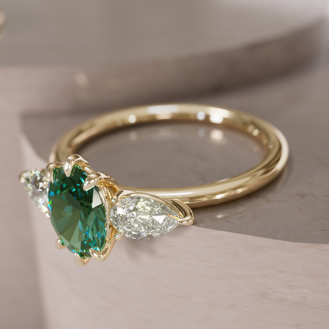 Unique Green Sapphire Engagement Ring with Three Stone Oval and Pear Diamonds By Valley Rose