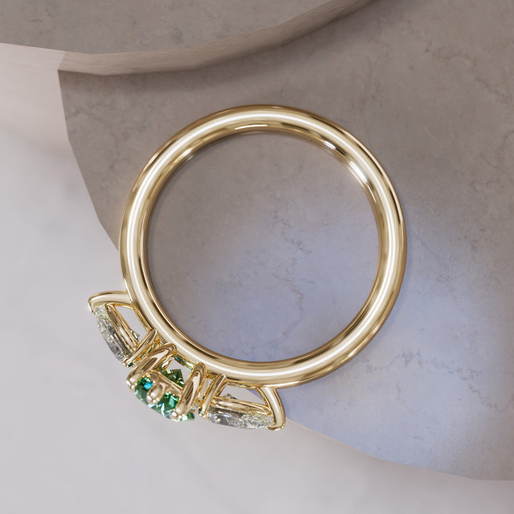 Unique Green Sapphire Engagement Ring with Three Stone Oval and Pear Diamonds By Valley Rose
