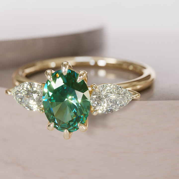 Unique Green Sapphire Engagement Ring with Three Stone Oval and Pear Diamonds By Valley Rose