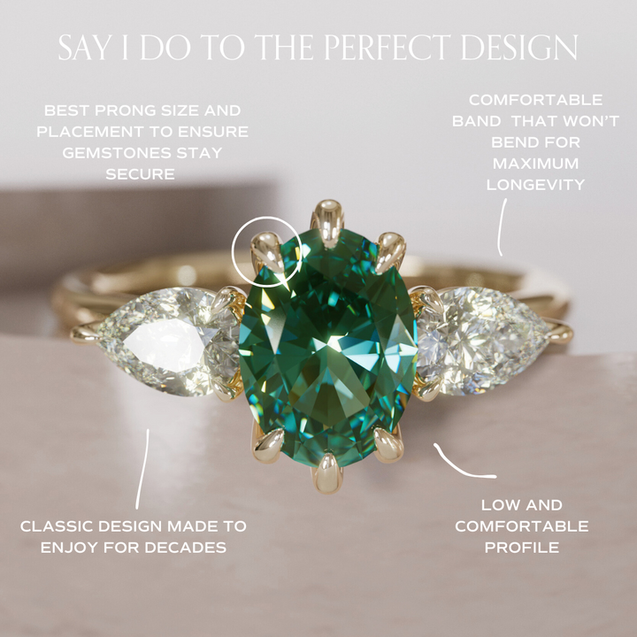 Unique Green Sapphire Engagement Ring with Three Stone Oval and Pear Diamonds By Valley Rose