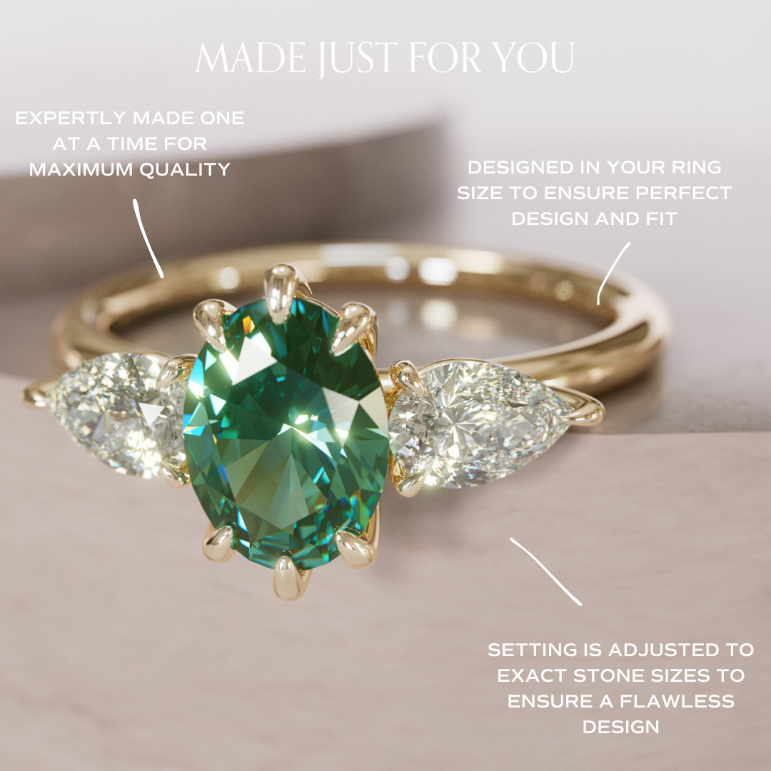 Unique Green Sapphire Engagement Ring with Three Stone Oval and Pear Diamonds By Valley Rose