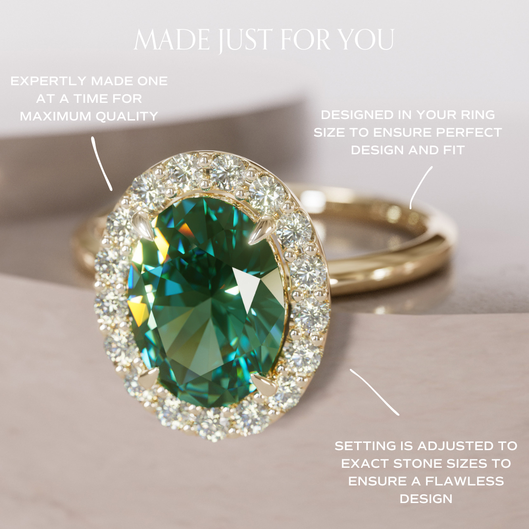 Unique Green Sapphire Engagement Ring with Diamond Halo By Valley Rose