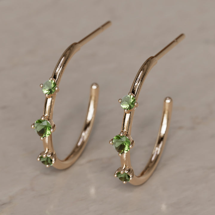 Orion's Belt Hoops, Green Tourmaline