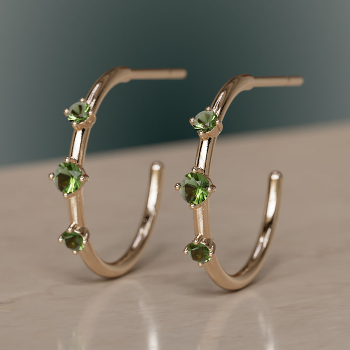 Orion's Belt Hoops, Green Tourmaline