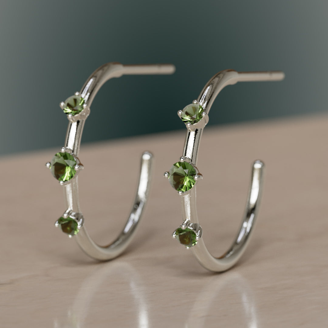 Orion's Belt Hoops, Green Tourmaline
