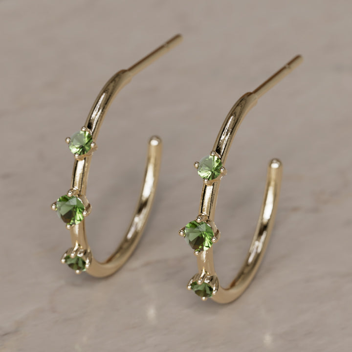 Orion's Belt Hoops, Green Tourmaline