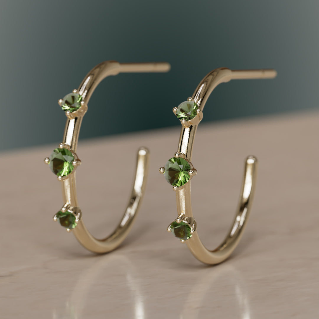 Orion's Belt Hoops, Green Tourmaline