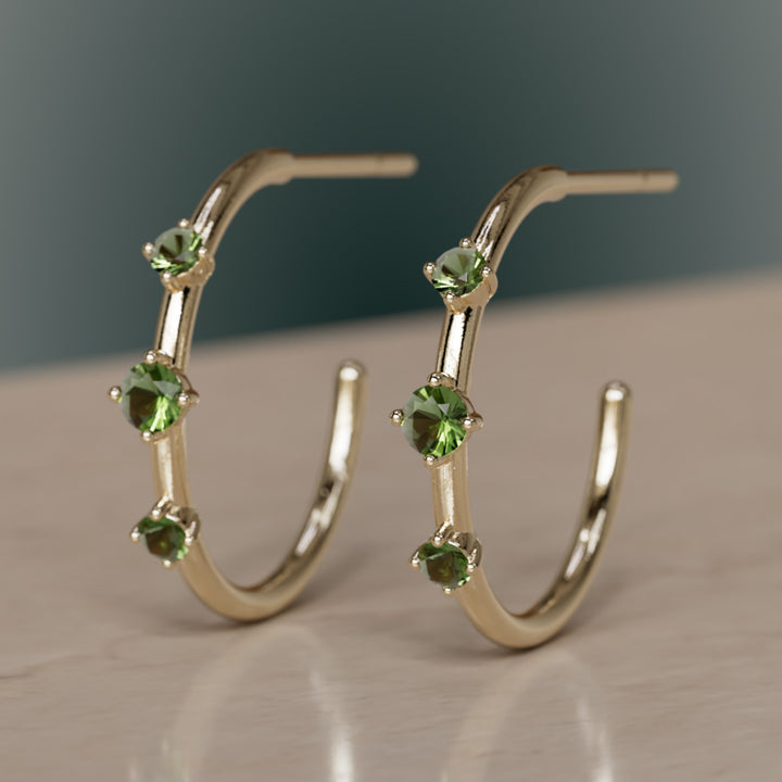Orion's Belt Hoops, Green Tourmaline