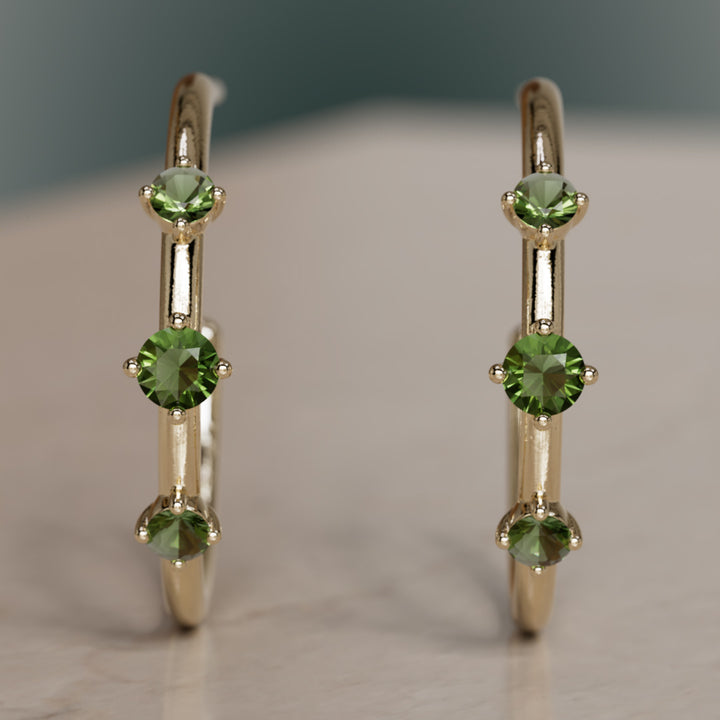Orion's Belt Hoops, Green Tourmaline