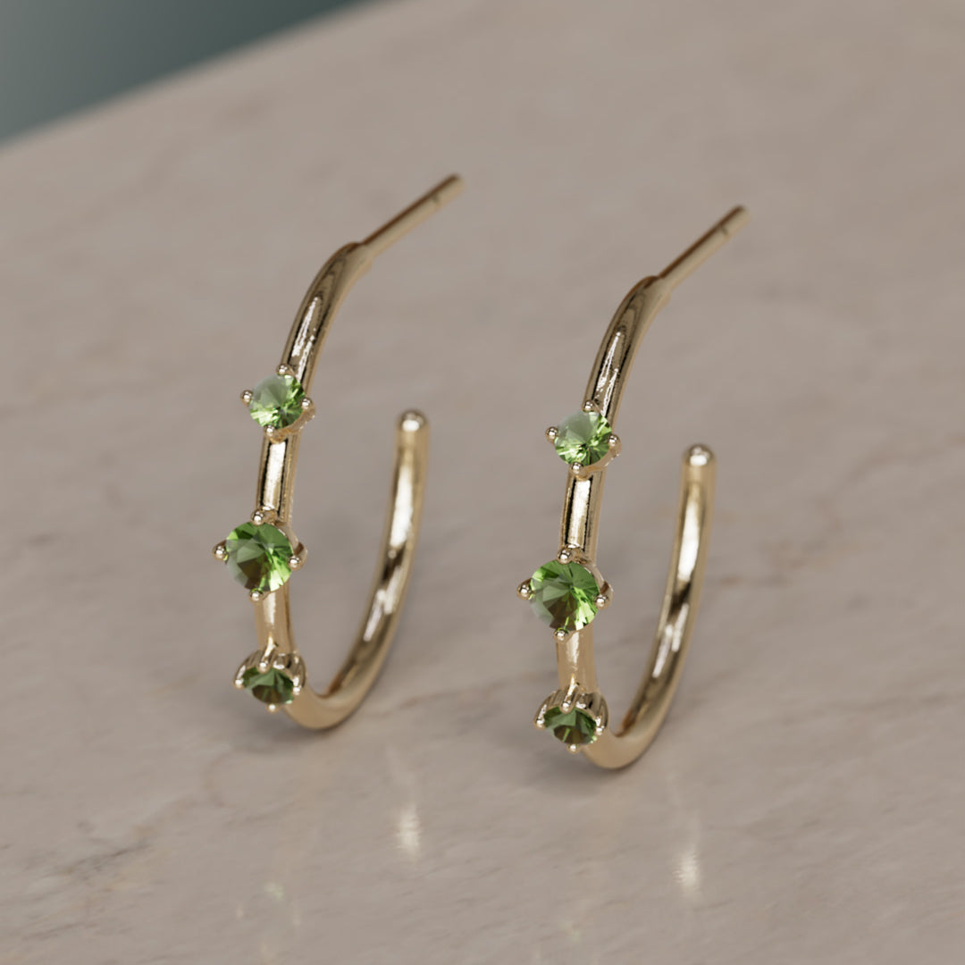 Orion's Belt Hoops, Green Tourmaline