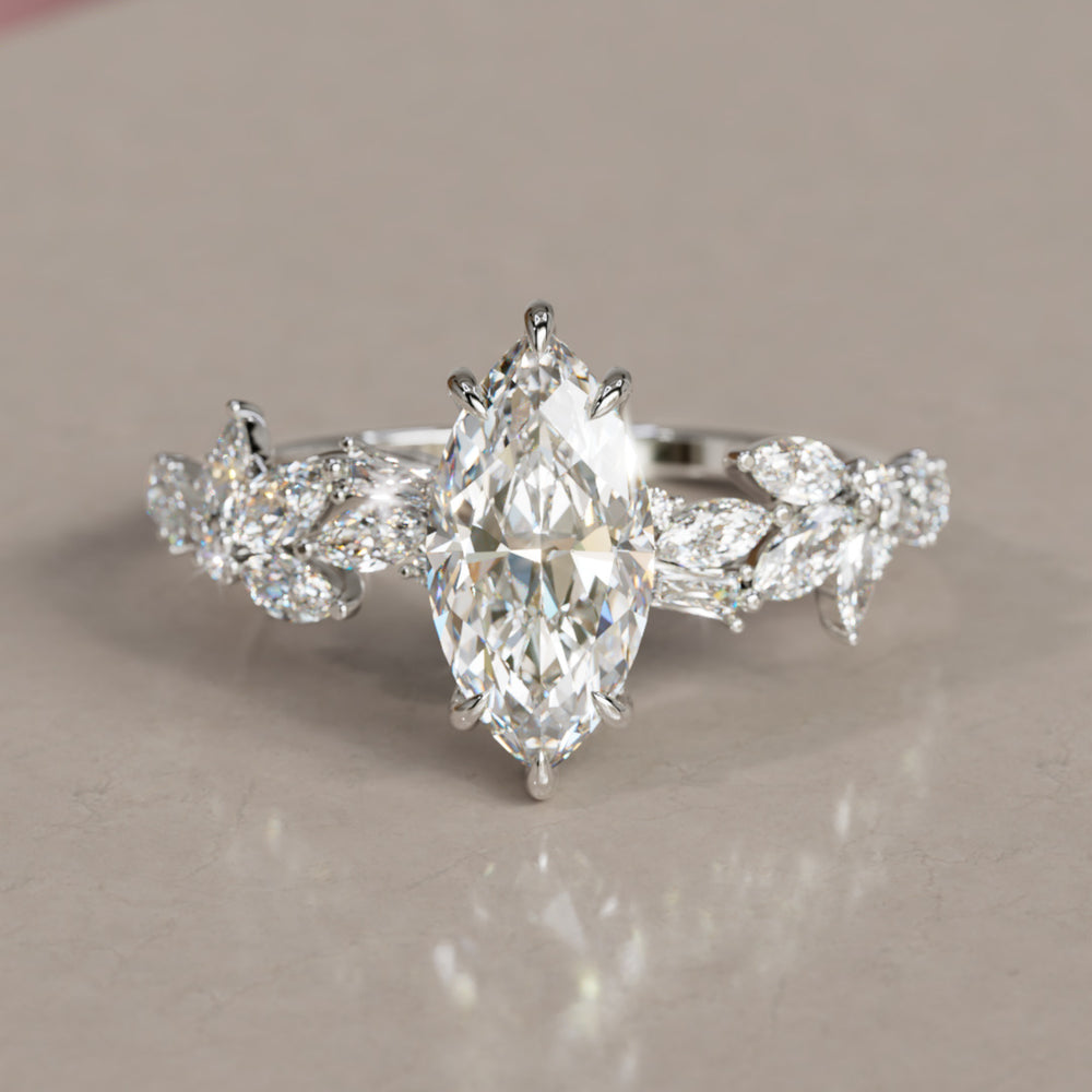 Laurel Marquise Diamond Engagement Flower Ring Nature Inspired By Valley Rose