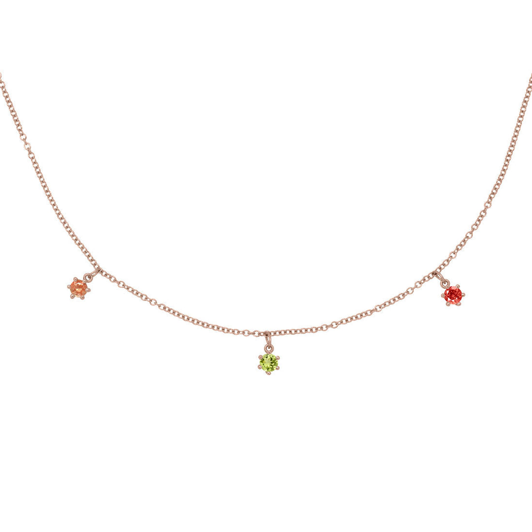 Leo Zodiac Gold Fringe Necklace with Peridot, Sunstone & Garnet 16" Chain By Valley Rose Ethical Jewelry