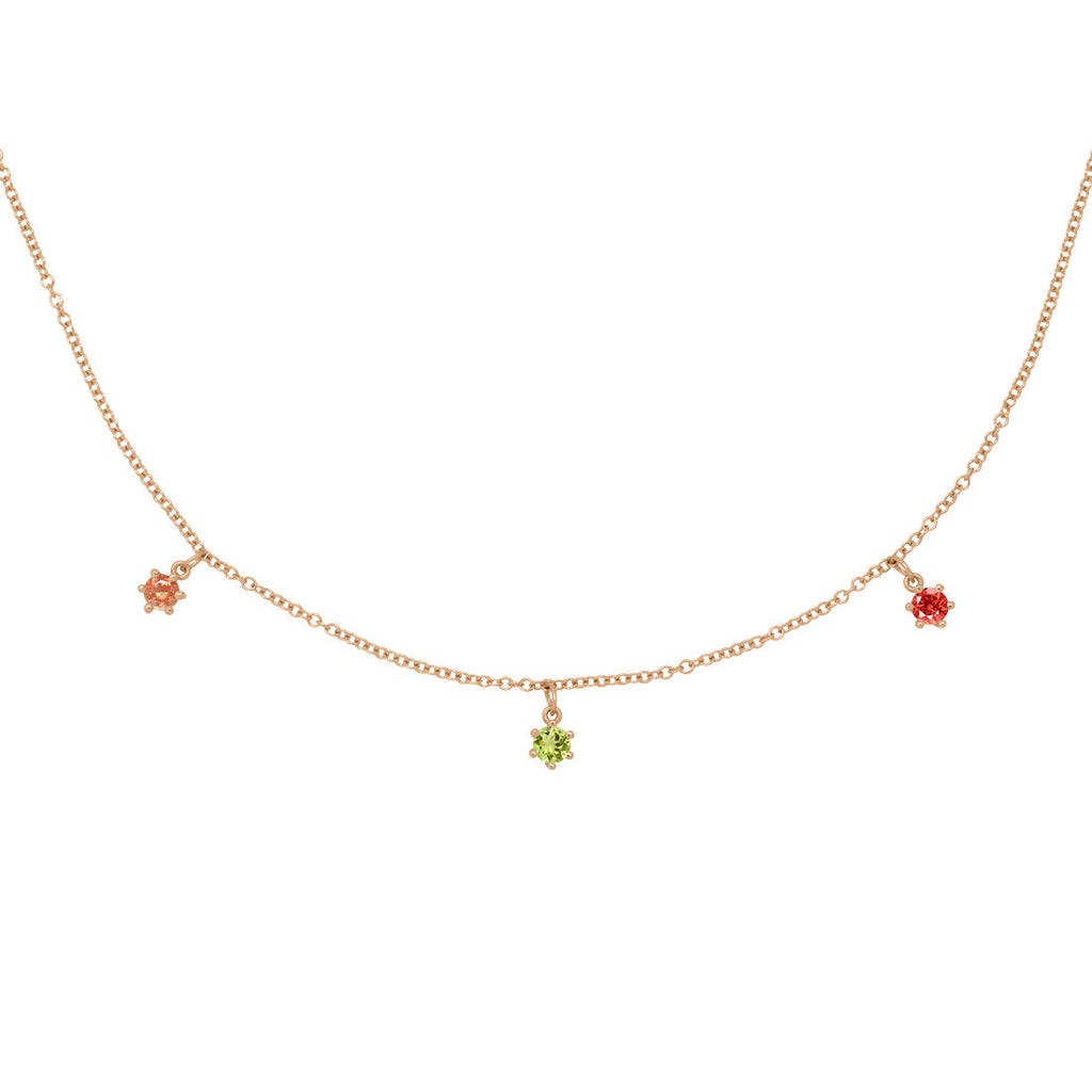 Leo Zodiac Gold Fringe Necklace with Peridot, Sunstone & Garnet 16