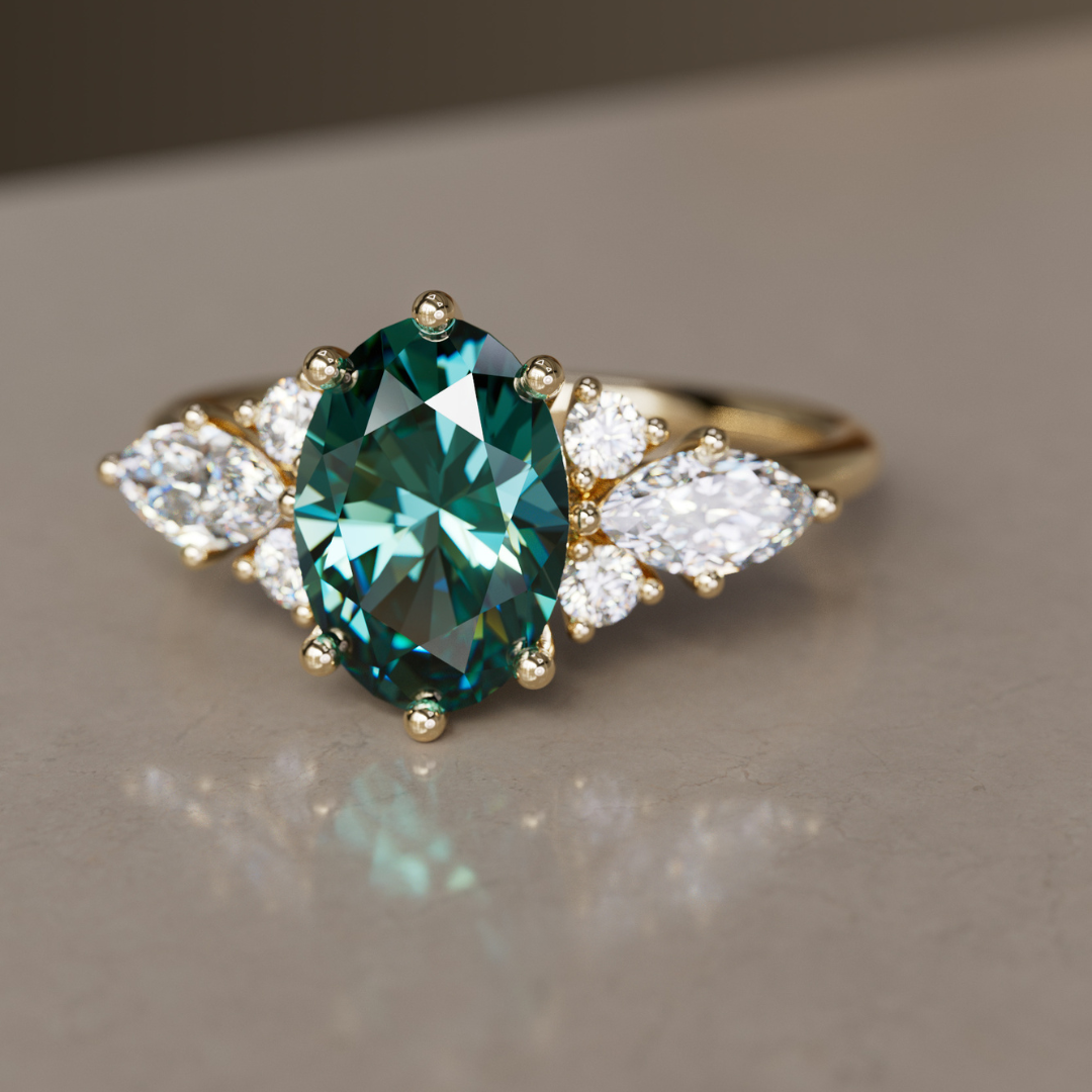 Bohemian Engagement Ring with Oval Cut Teal Sapphire and Diamonds By Valley Rose