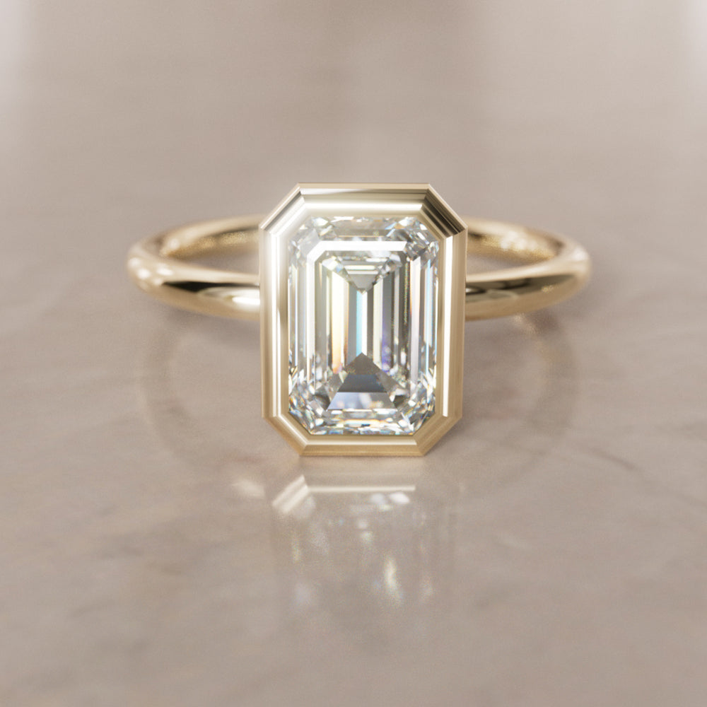Unique Bezel Solitaire Engagement Ring, Emerald Cut Lab Created Diamond By Valley Rose