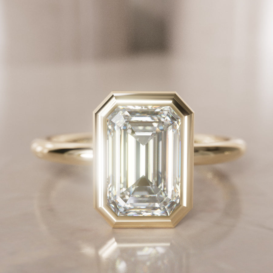 Unique Bezel Solitaire Engagement Ring, Emerald Cut Lab Created Diamond By Valley Rose