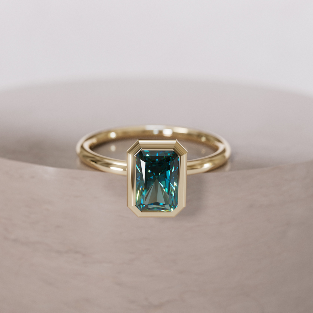 Unique Radiant Cut Teal Sapphire Engagement Ring Bezel Solitaire By Valley Rose