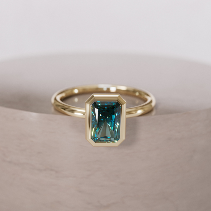 Unique Radiant Cut Teal Sapphire Engagement Ring Bezel Solitaire By Valley Rose