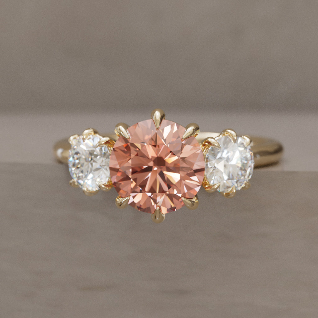 Amerie Unique Modern Round Cut Peach Lab Diamond Three Stone Engagement Ring