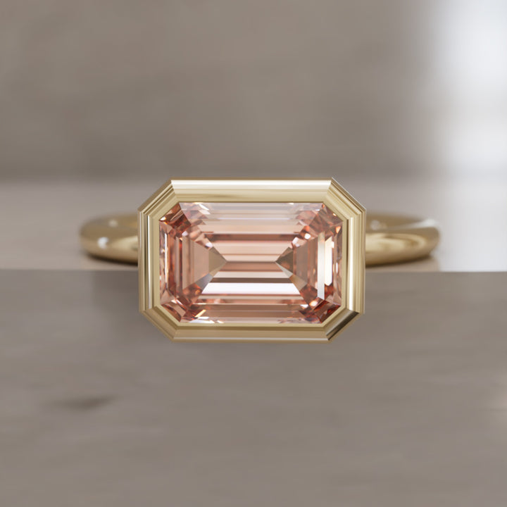 Indie East West Emerald Cut Peach Diamond Modern Unique Bezel Engagement Ring