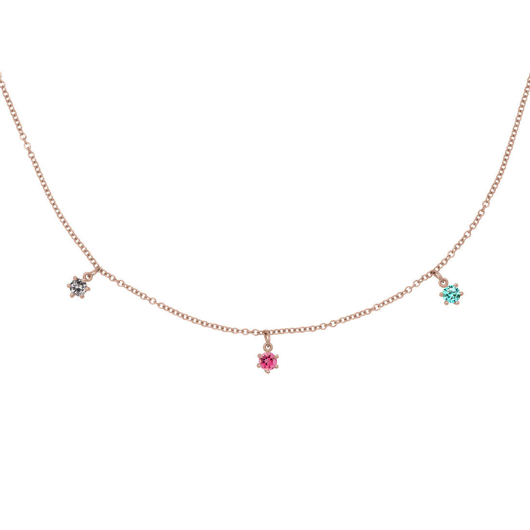 Libra Zodiac Gold Fringe Necklace with Grey Diamond and Pink and Teal Tourmaline 16" Chain By Valley Rose Ethical Jewelry