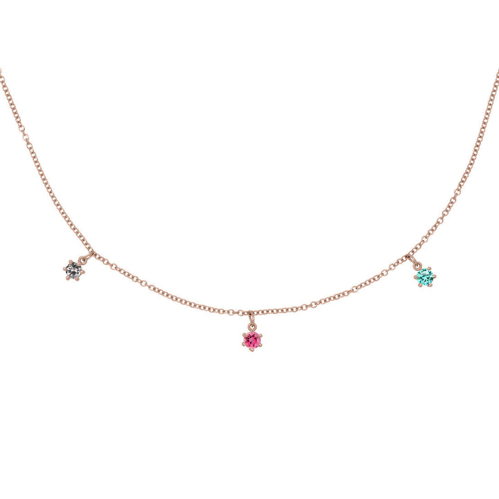 Libra Zodiac Gold Fringe Necklace with Grey Diamond and Pink and Teal Tourmaline 16" Chain By Valley Rose Ethical Jewelry