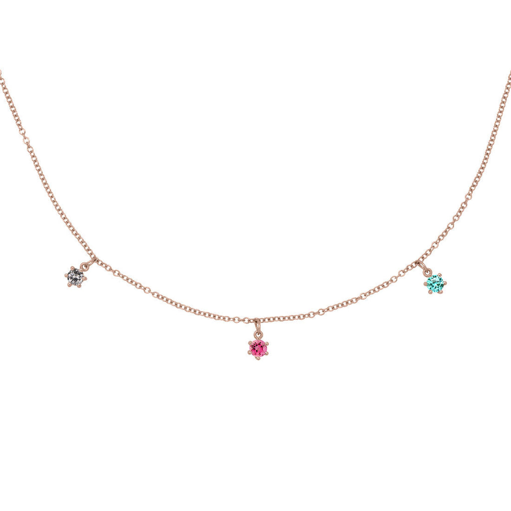 Libra Zodiac Gold Fringe Necklace with Grey Diamond and Pink and Teal Tourmaline 16