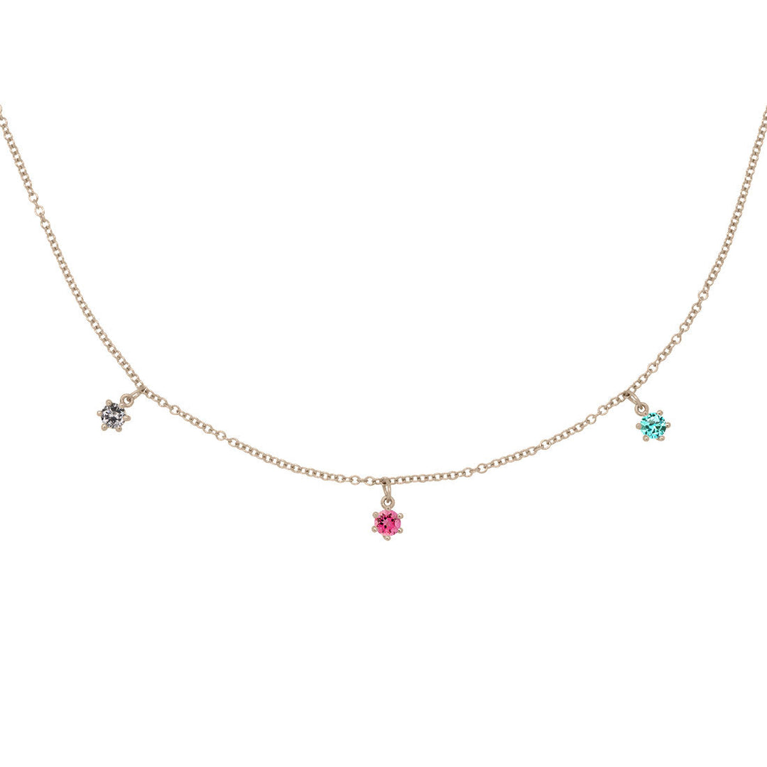Libra Zodiac Gold Fringe Necklace with Grey Diamond and Pink and Teal Tourmaline 16" Chain By Valley Rose Ethical Jewelry