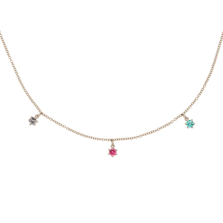 Libra Zodiac Gold Fringe Necklace with Grey Diamond and Pink and Teal Tourmaline 16" Chain By Valley Rose Ethical Jewelry