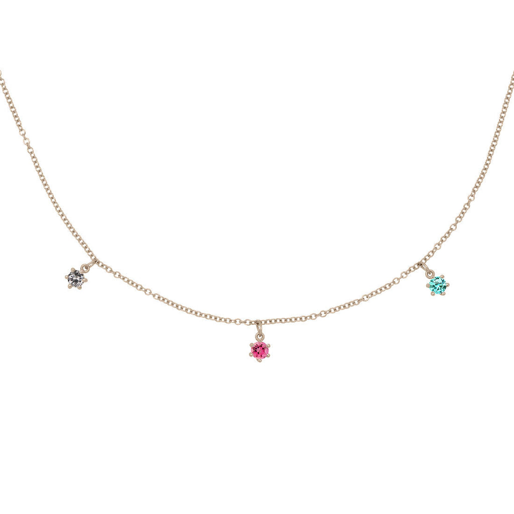 Libra Zodiac Gold Fringe Necklace with Grey Diamond and Pink and Teal Tourmaline 16